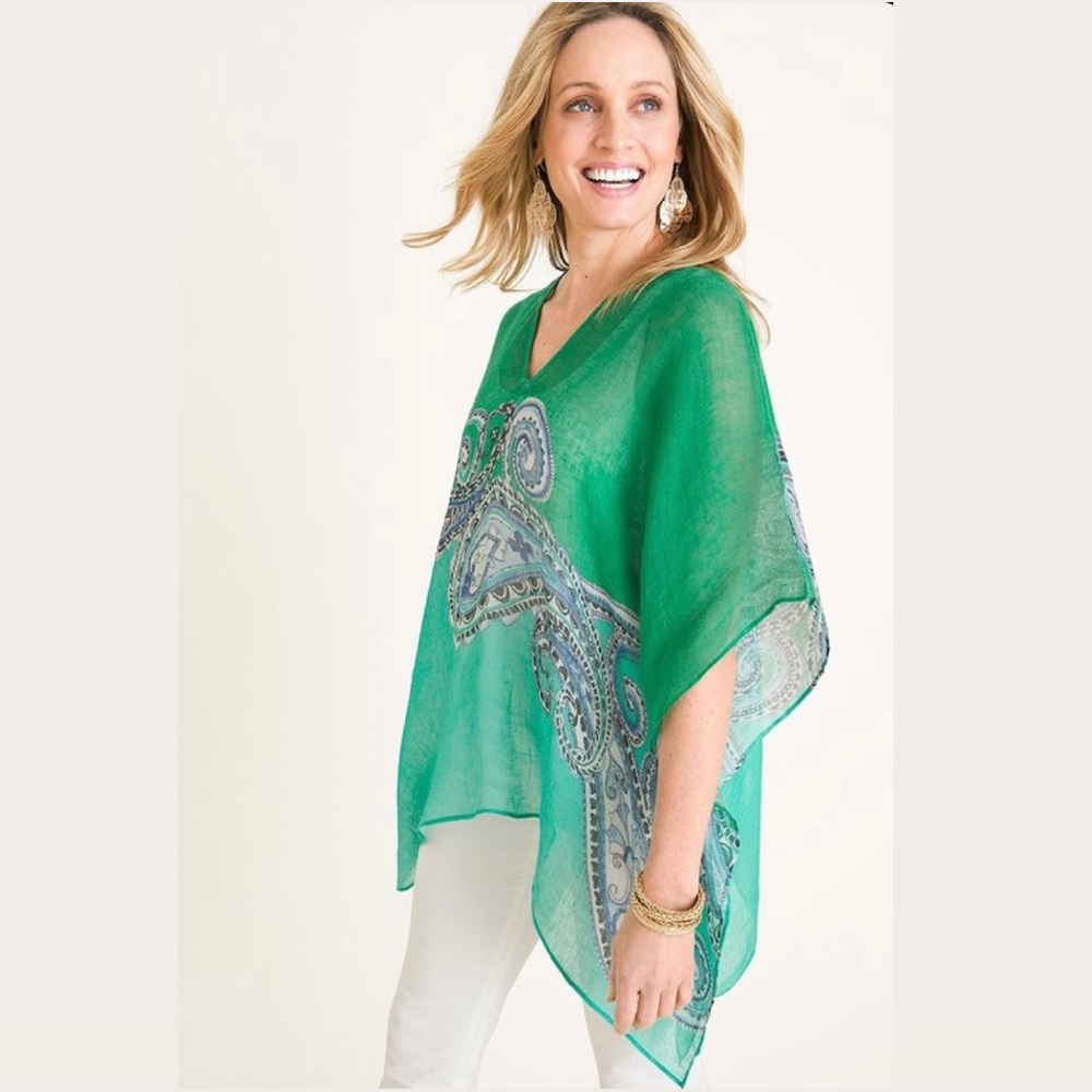 Chico’s Green Paisley-Print Linen Poncho Size L/XL